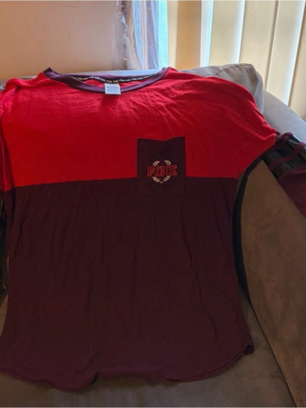 PINK Victoria's Secret Two-Tone Long Sleeve Crewneck - Red and Burgundy